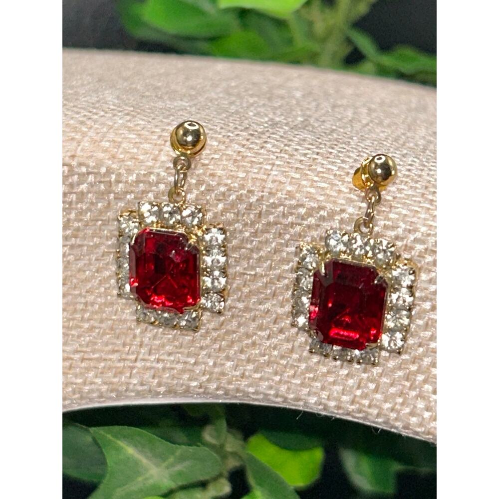 Red Vintage Rectangular Rhinestone Stud Clear Halo Earrings Sparkle